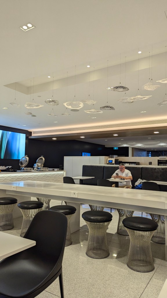 Interior view of a lounge area with modern furniture, including artistic hanging decorations, and a guest using a mobile device in the background.